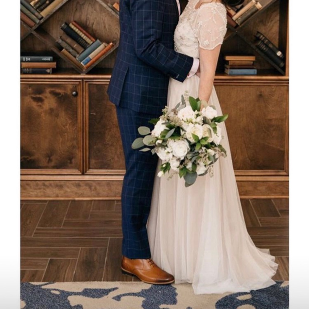 Waters Calla Wedding Dress: tailored w/ bustle